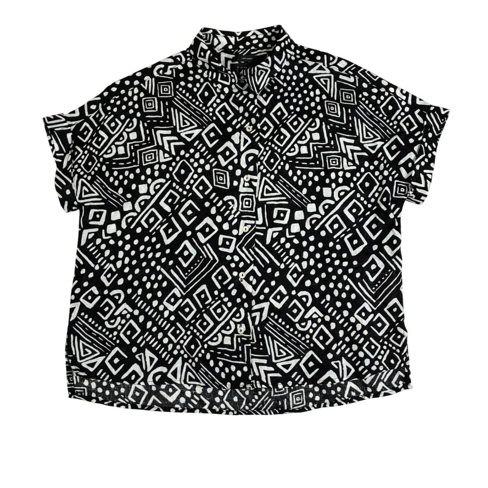 Tahari Womens Black White Geometric 100% Linen Button Up Shirt Small